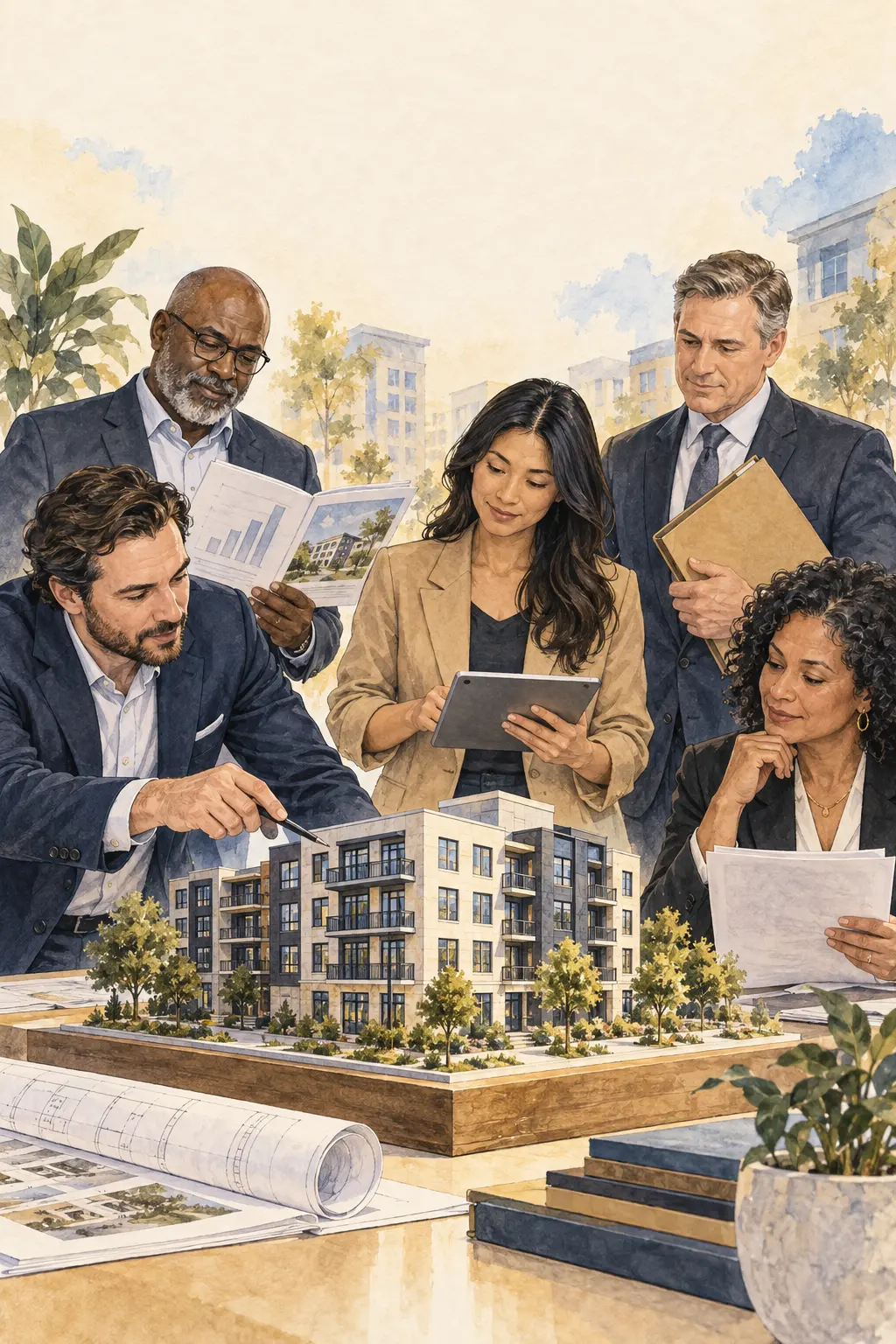 A diverse apartment investment team gathered around a multifamily property model