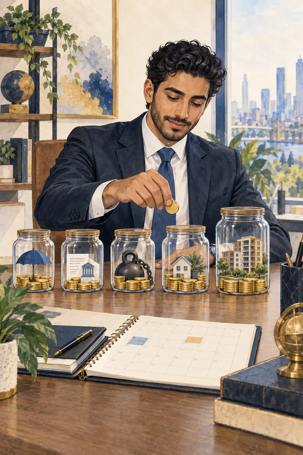 A professional dividing a bonus among reserves, goals, and long-term investments