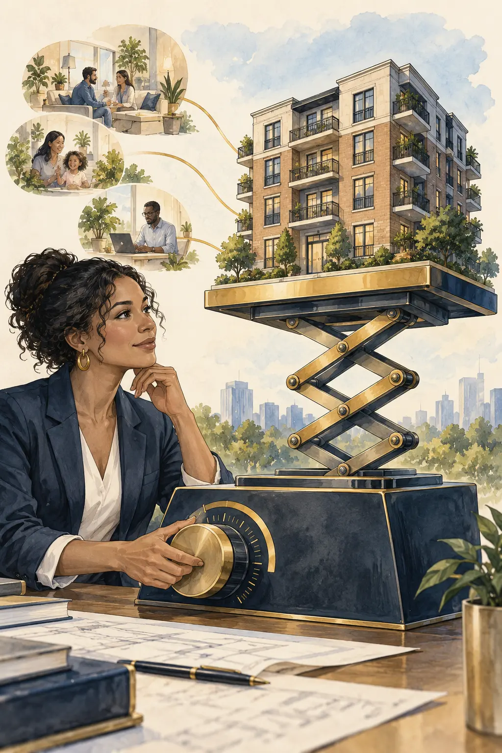 An investor using an elevator-like mechanism to see how cap rates affect apartment values