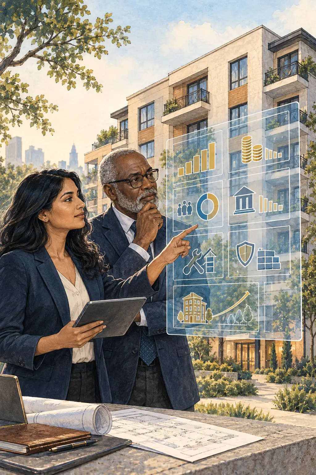Investors studying a transparent report card layered over an apartment building