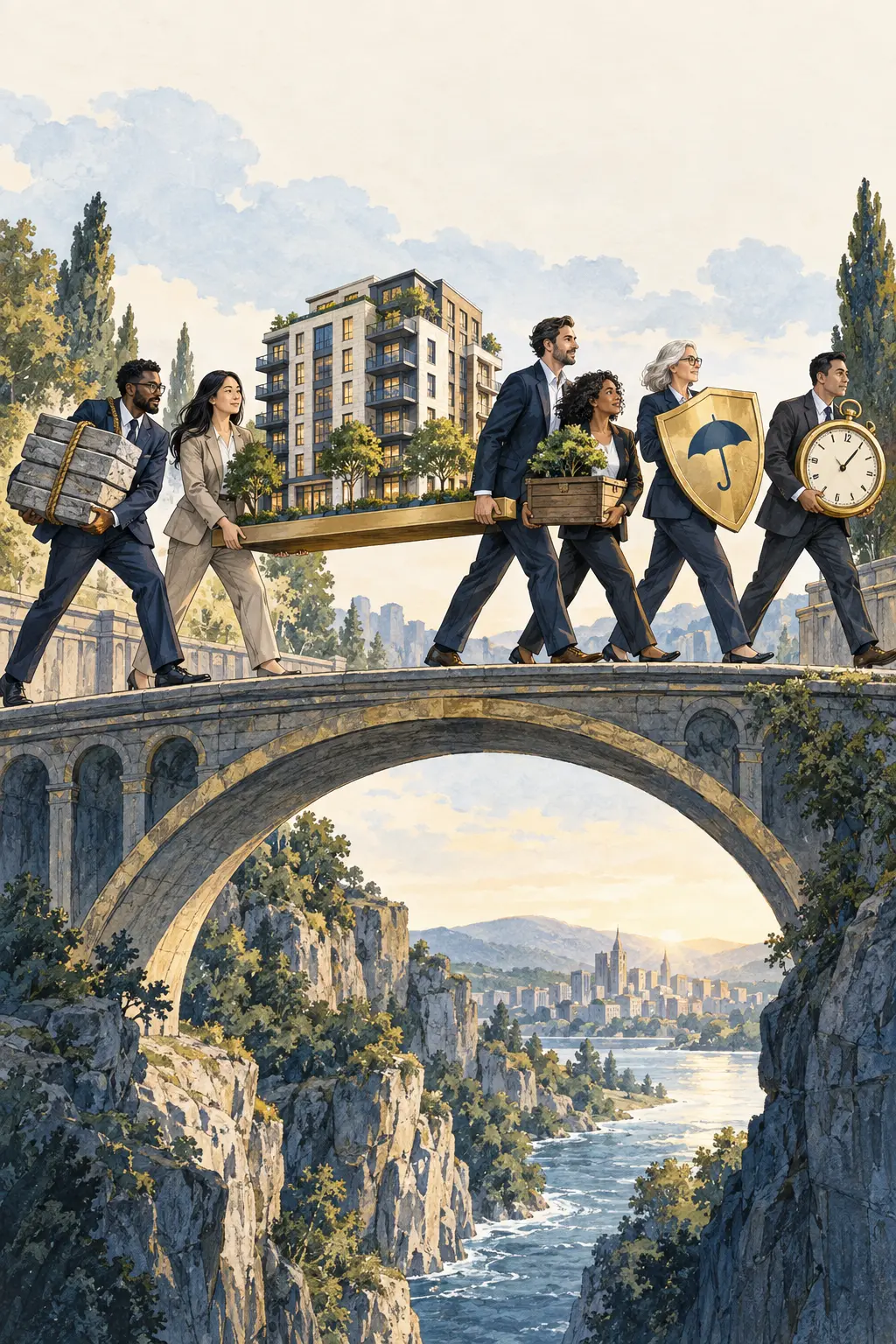 A multifamily team carrying a property safely across a bridge with financing safeguards
