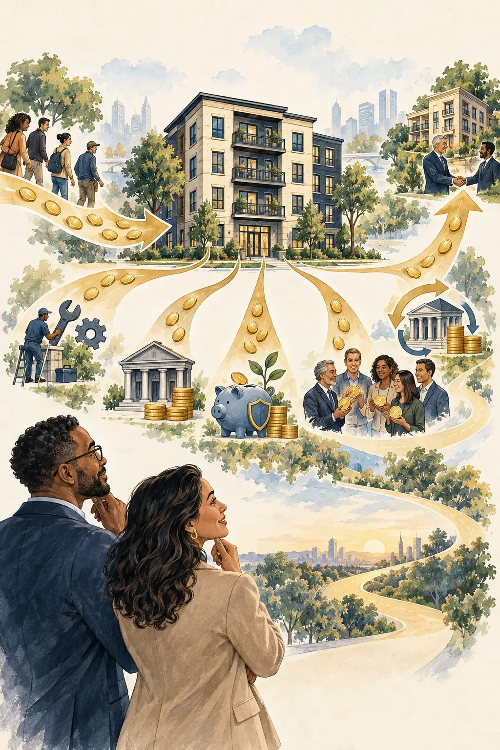 Illustrated pathways showing how money can move through a multifamily investment