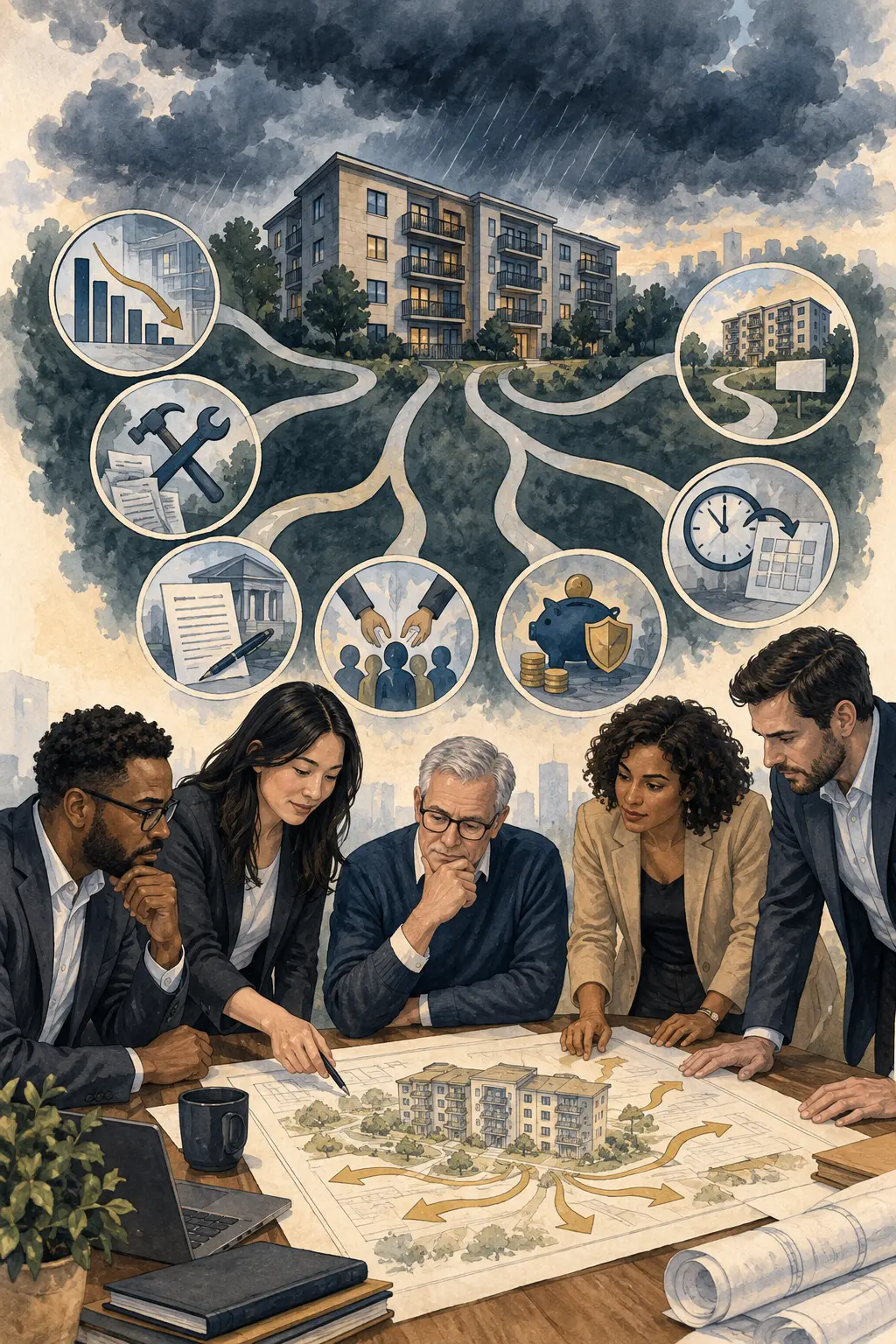 A diverse team planning alternate paths around multifamily investment risks