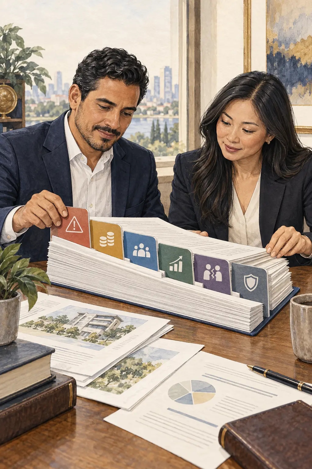 Two investors organizing private-placement documents by risks, fees, people, growth, and protection