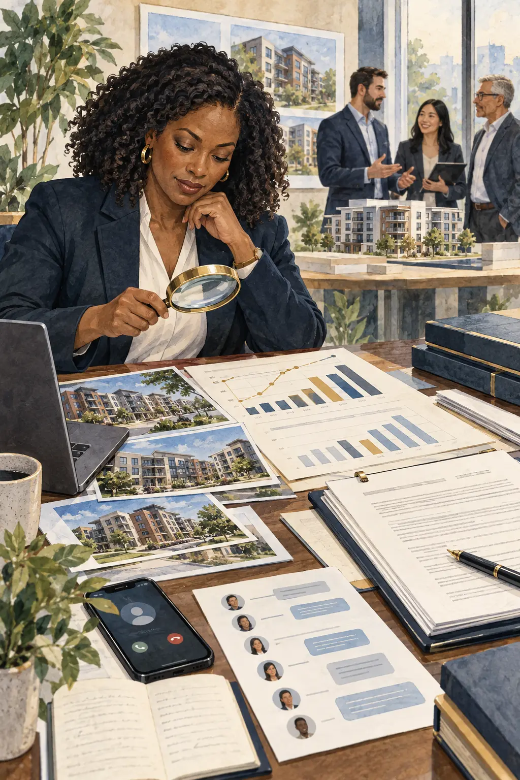 An investor examining a sponsor's records and apartment track record with a magnifying glass