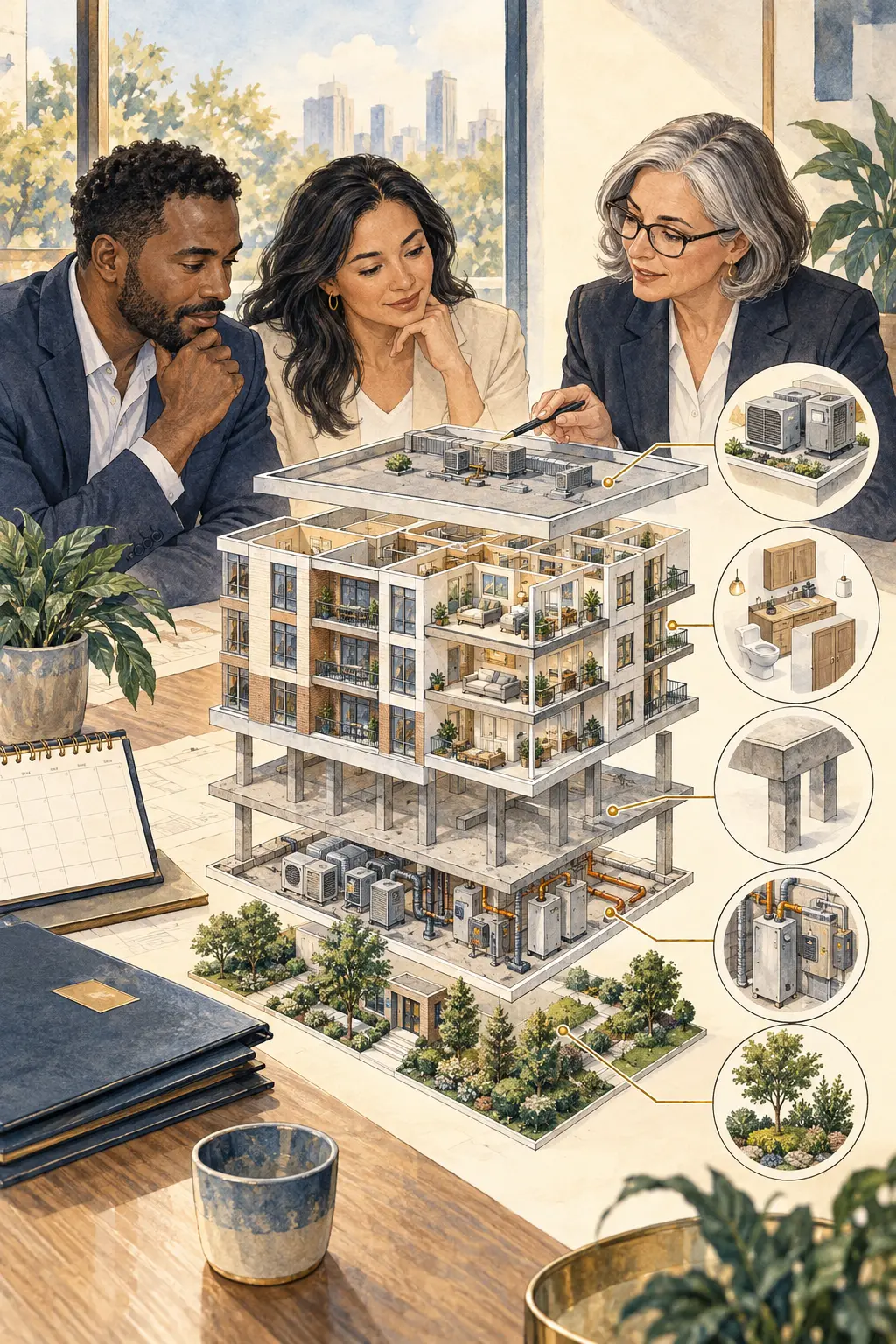 Investors inspecting apartment building components to understand depreciation and cost segregation