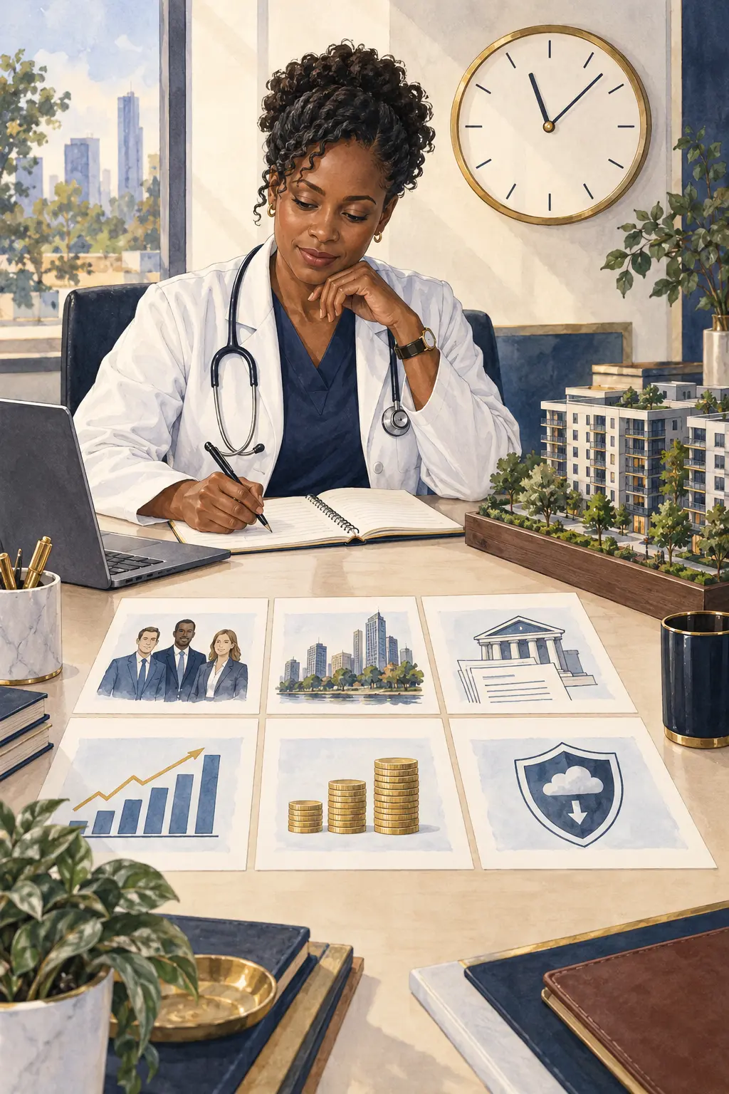 A busy doctor using a clock and six review cards to screen a multifamily opportunity