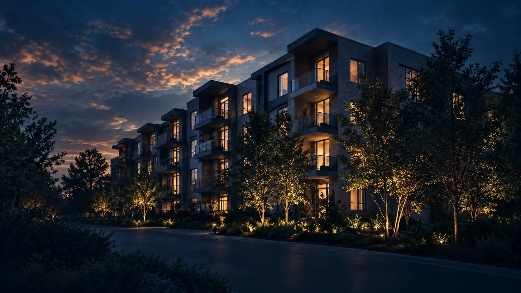 Exterior of a renovated multifamily apartment community at dusk