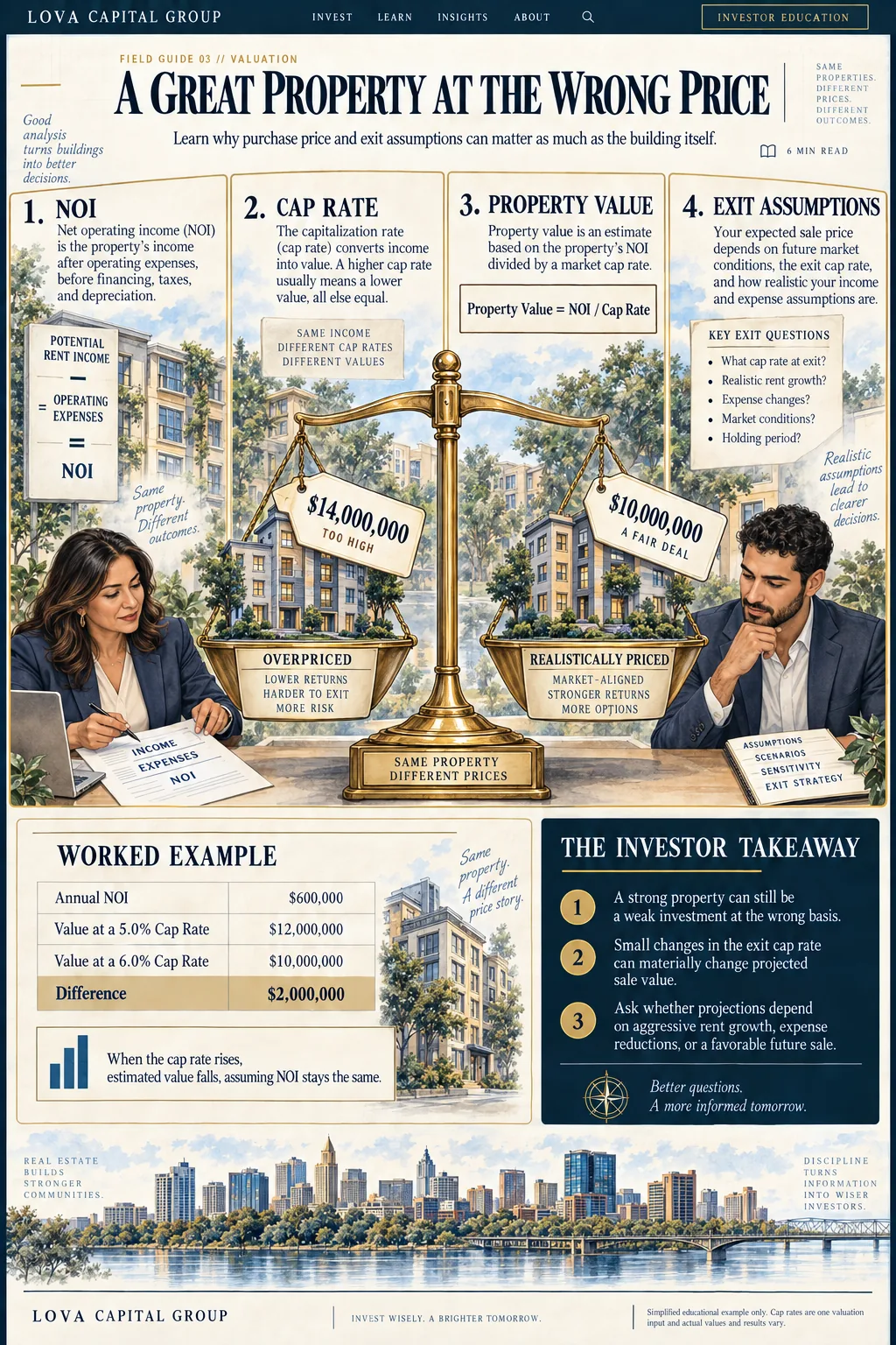 Illustrated guide using a balance scale to explain how net operating income and cap rates affect property value