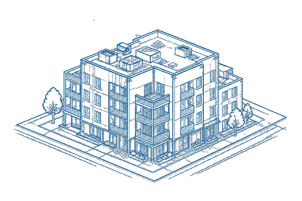 Isometric blueprint-style line illustration of a multifamily apartment building
